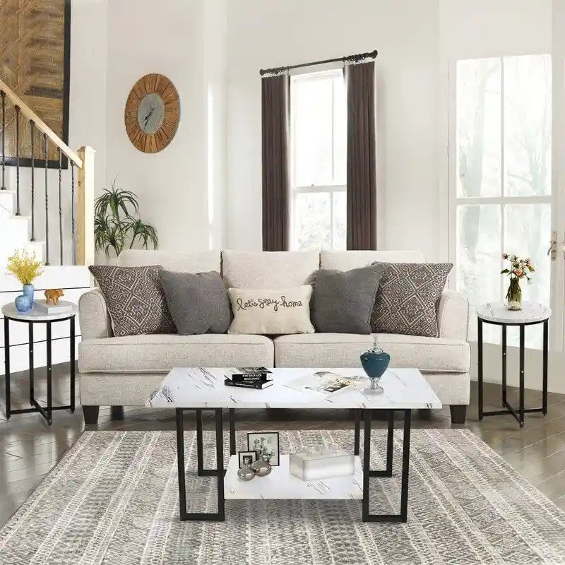 Grondin Modern Style 3-Piece Coffee Table Set with 2 End Table, Living Room Table Set of 3 with Faux Marble Tabletop