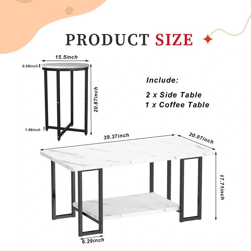 Grondin Modern Style 3-Piece Coffee Table Set with 2 End Table, Living Room Table Set of 3 with Faux Marble Tabletop