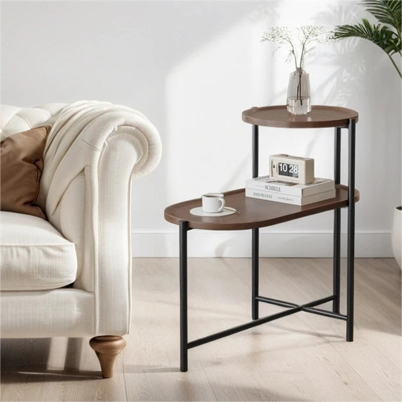 2-tier Modern Round End Table with Wood Storage Shelf