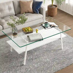 Rectangle Coffee Table,Tempered Glass Tabletop with White Metal Legs,Modern Table for Living Room,Transparent Glass
