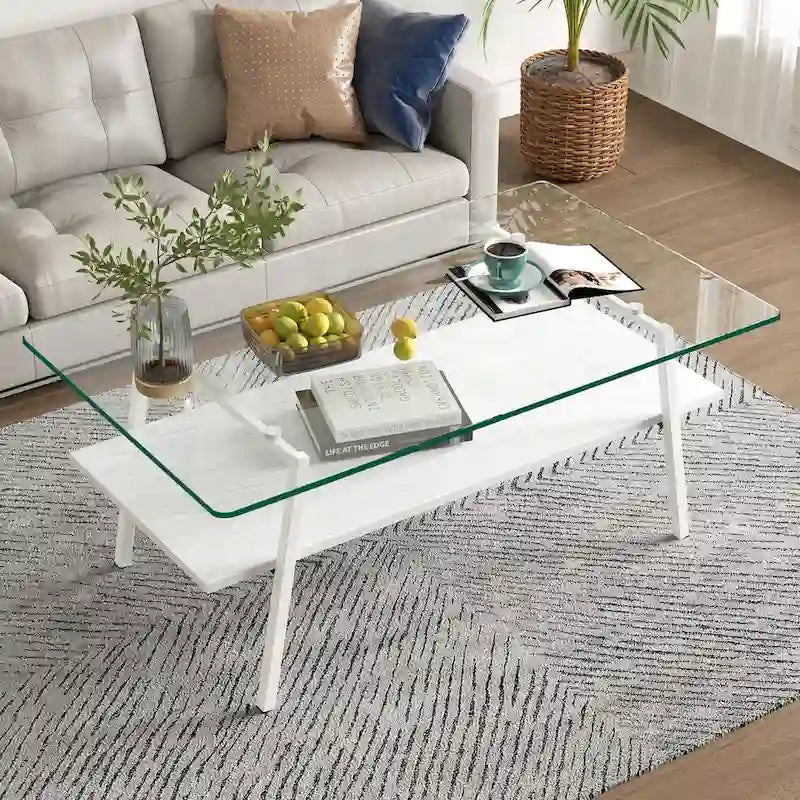 Rectangle Coffee Table,Tempered Glass Tabletop with White Metal Legs,Modern Table for Living Room,Transparent Glass