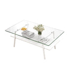 Rectangle Coffee Table,Tempered Glass Tabletop with White Metal Legs,Modern Table for Living Room,Transparent Glass