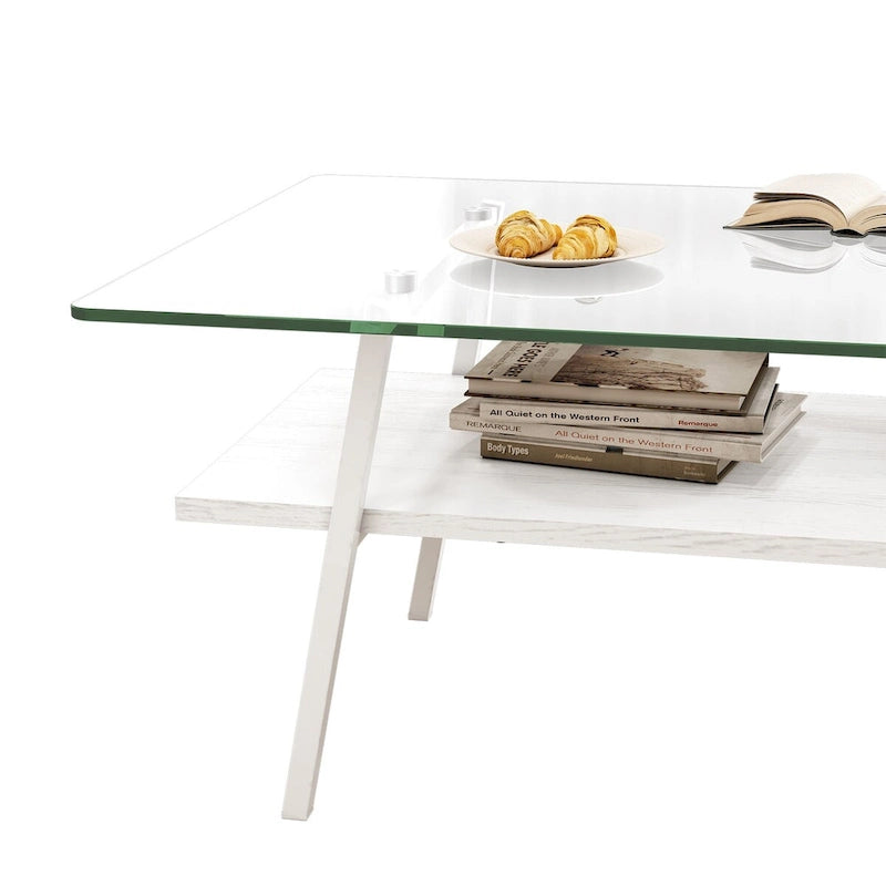 Rectangle Coffee Table,Tempered Glass Tabletop with White Metal Legs,Modern Table for Living Room,Transparent Glass