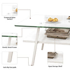 Rectangle Coffee Table,Tempered Glass Tabletop with White Metal Legs,Modern Table for Living Room,Transparent Glass