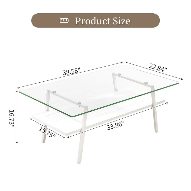 Rectangle Coffee Table,Tempered Glass Tabletop with White Metal Legs,Modern Table for Living Room,Transparent Glass