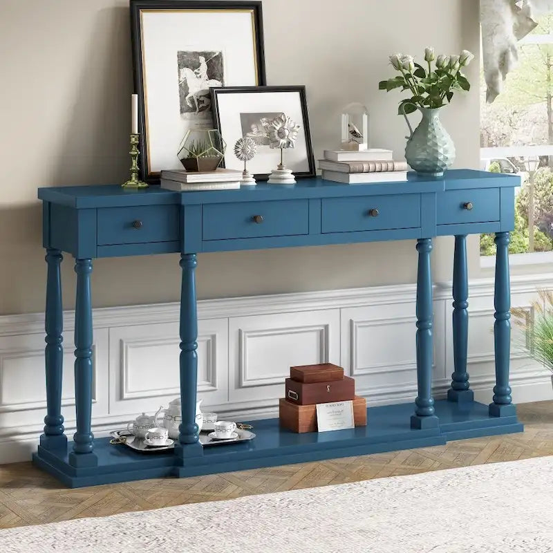 Retro Senior Console Table for Hallway Living Room Bedroom with 4 Storage Drawers and 1 Shelf