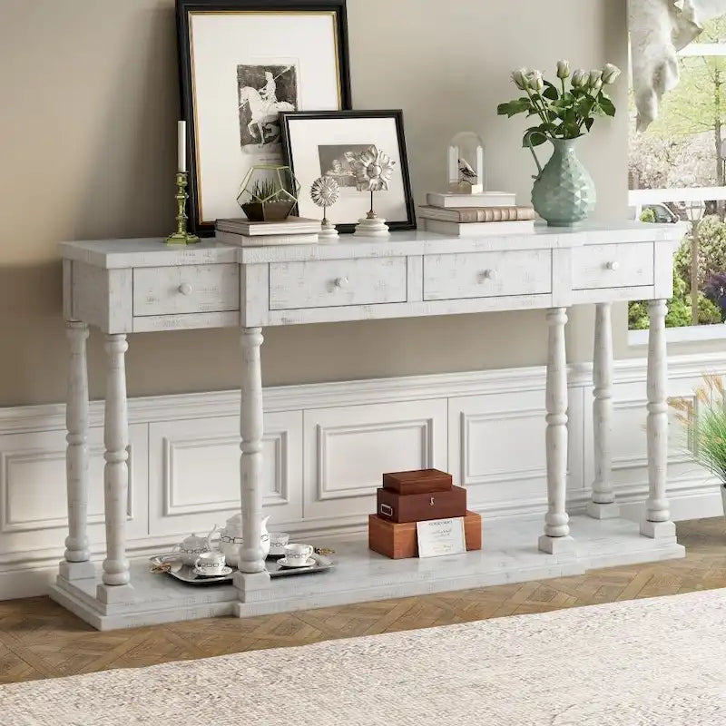 Retro Senior Console Table for Hallway Living Room Bedroom with 4 Storage Drawers and 1 Shelf