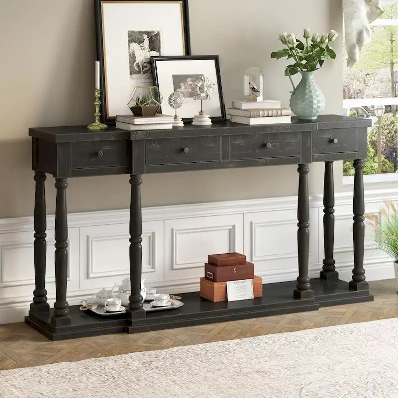 Retro Senior Console Table for Hallway Living Room Bedroom with 4 Storage Drawers and 1 Shelf