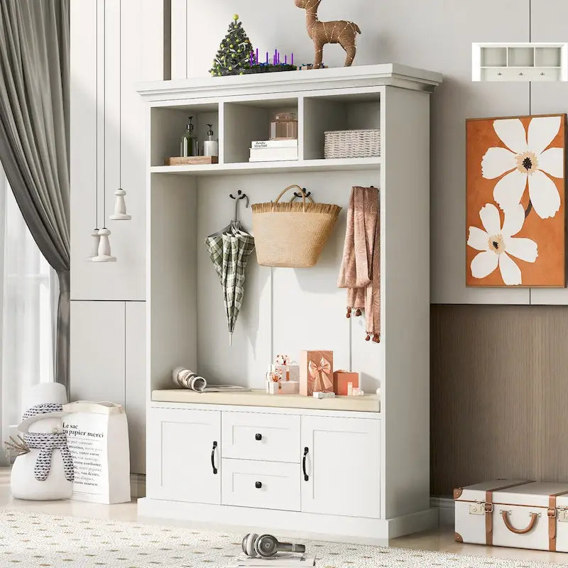 Hall Tree with 3 Hooks , Coat Hanger, Entryway Bench, Storage Bench, 3-in-1 Design, 47.2INCH, for Entrance, Hallway (Black)