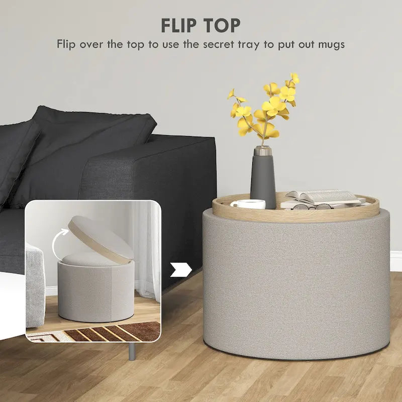 Round Storage Ottoman Coffee Table with Flip Top Tray
