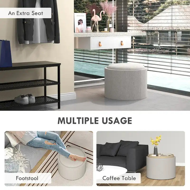 Round Storage Ottoman Coffee Table with Flip Top Tray