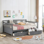 Full Size Wood Daybed, Sofa Bed, Equipped with Wooden Handrails and Two Drawers