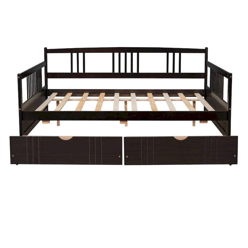 Full Size Wood Daybed, Sofa Bed, Equipped with Wooden Handrails and Two Drawers