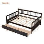 Full Size Wood Daybed, Sofa Bed, Equipped with Wooden Handrails and Two Drawers