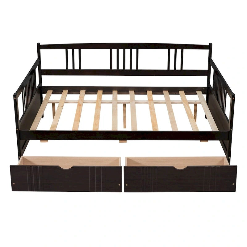Full Size Wood Daybed, Sofa Bed, Equipped with Wooden Handrails and Two Drawers