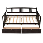 Full Size Wood Daybed, Sofa Bed, Equipped with Wooden Handrails and Two Drawers