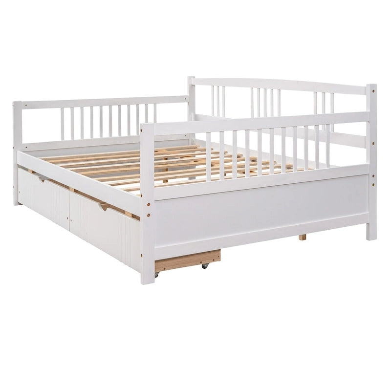 Full Size Wood Daybed, Sofa Bed, Equipped with Wooden Handrails and Two Drawers