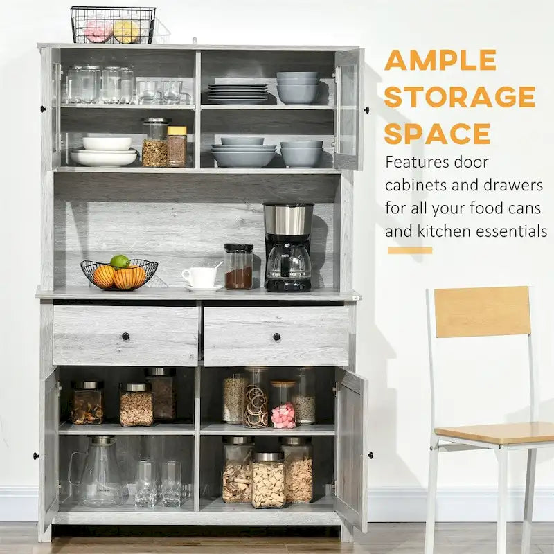 Glass Doors Kitchen Buffet with Hutch and Drawers - N/A