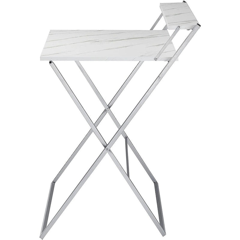 Urban Shop No Tools Assembly Foldable 2 Tier Compact Computer Desk, Marble Top with Silver Frame