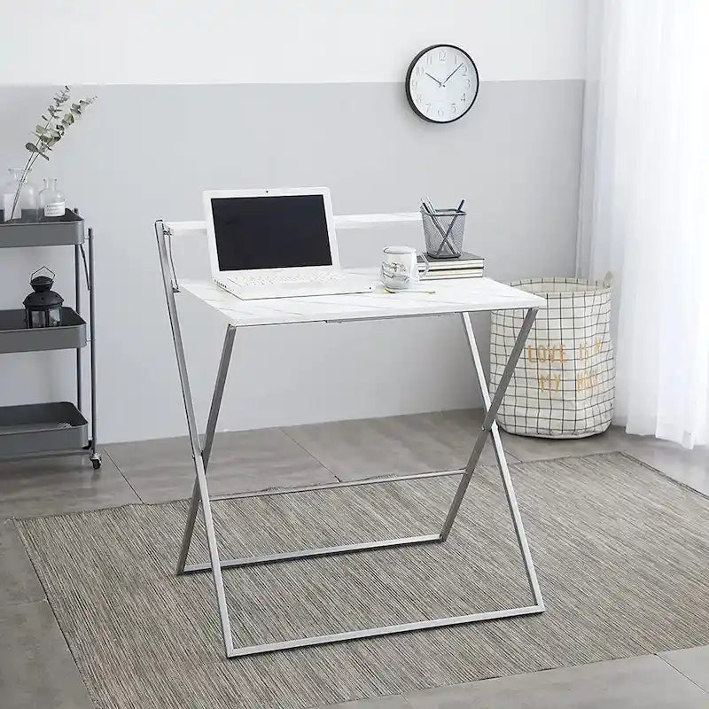 Urban Shop No Tools Assembly Foldable 2 Tier Compact Computer Desk, Marble Top with Silver Frame