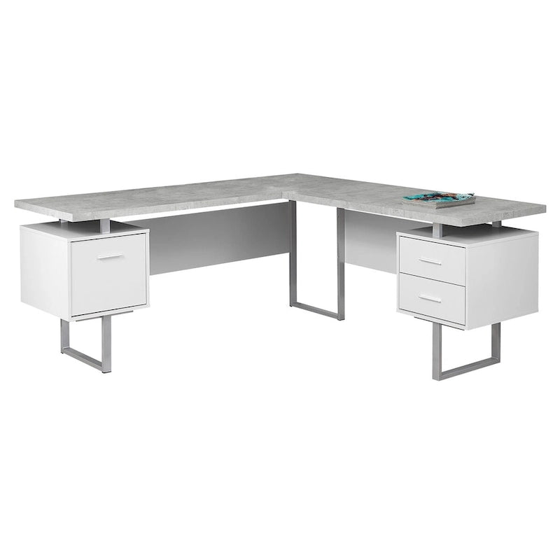 71  Grey L-Shape Computer Desk With Three Drawers