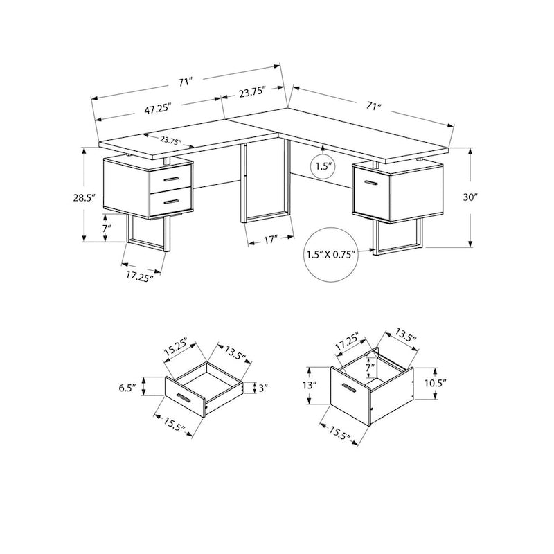 71  Grey L-Shape Computer Desk With Three Drawers