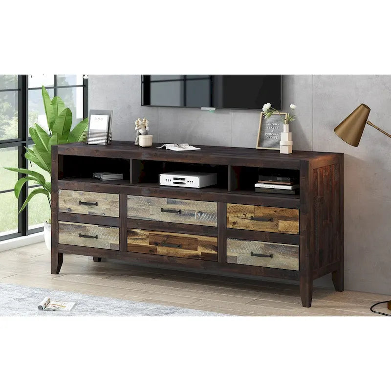 Retro Distressed Wooden TV Stand for TVs up to 65 Inches, Entertainment Center Media Console with 6 Drawers and 3 Shelves