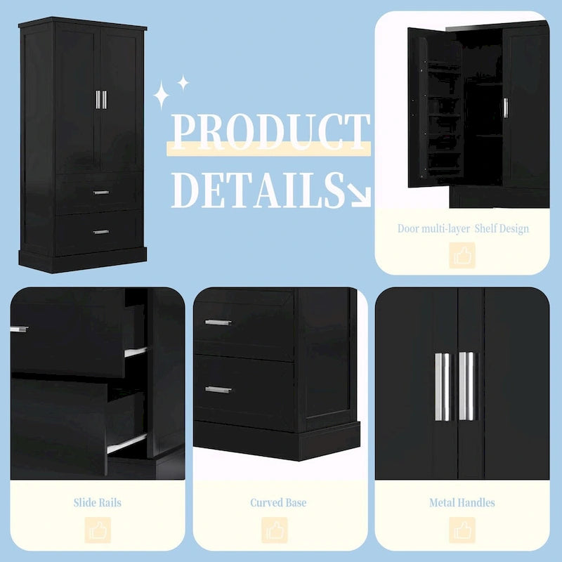 64  Tall Bathroom Storage Cabinet with Two Doors, Drawers