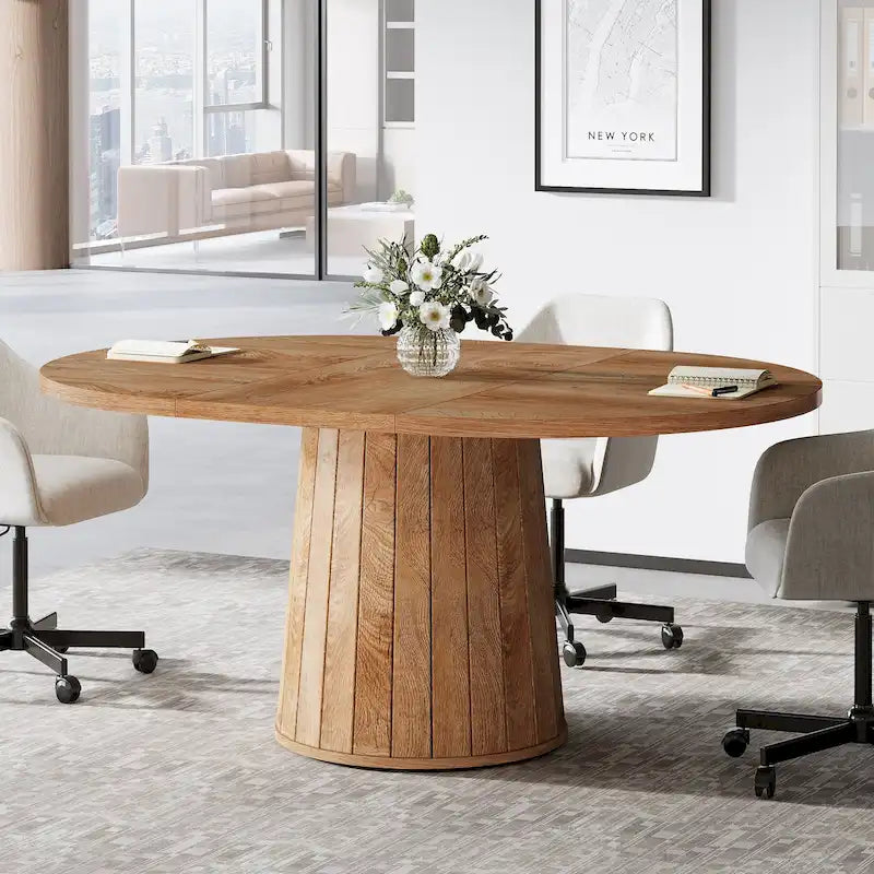55.11 Inch Brown Wood Oval Conference Table with Wood Base for 6 People - N/A