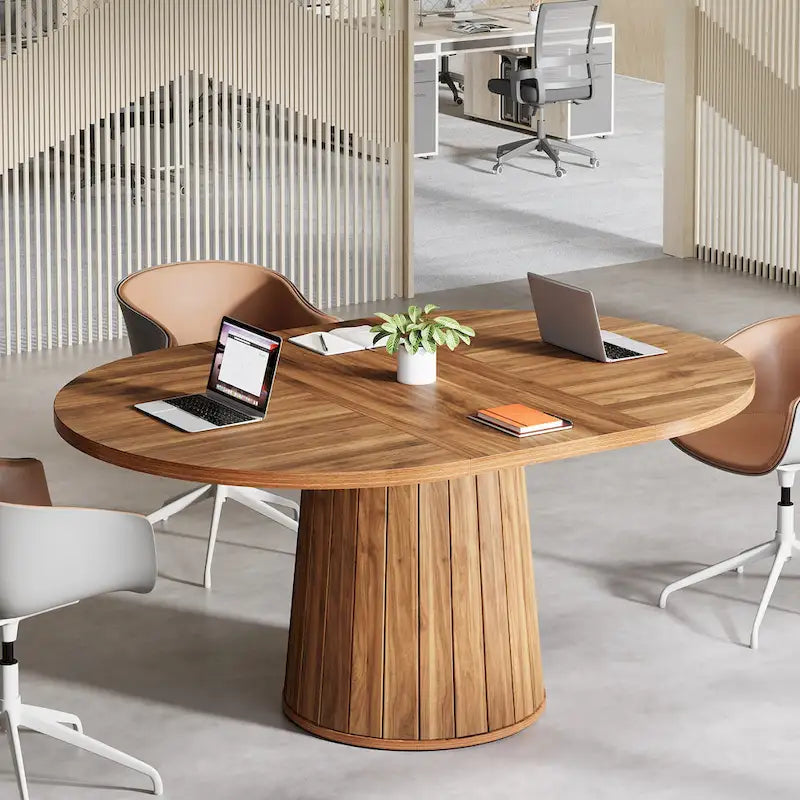 55.11 Inch Brown Wood Oval Conference Table with Wood Base for 6 People - N/A