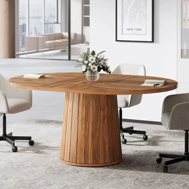 55.11 Inch Brown Wood Oval Conference Table with Wood Base for 6 People - N/A