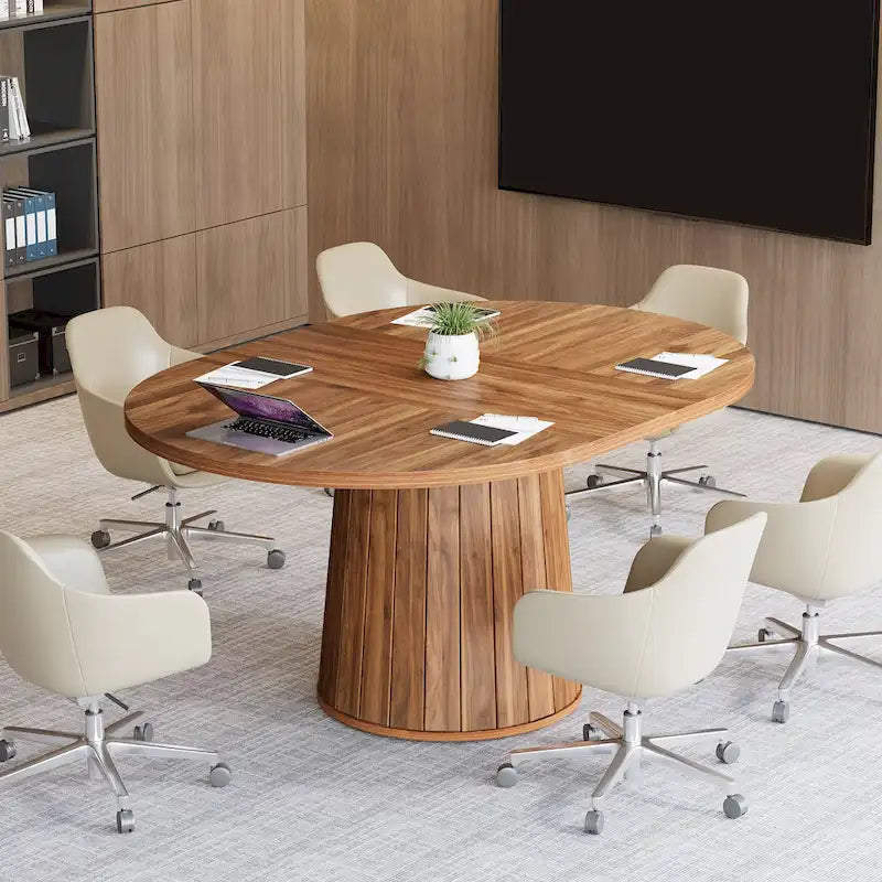 55.11 Inch Brown Wood Oval Conference Table with Wood Base for 6 People - N/A