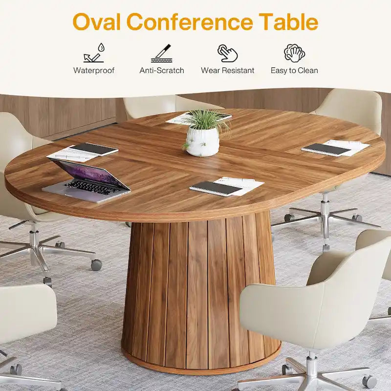 55.11 Inch Brown Wood Oval Conference Table with Wood Base for 6 People - N/A