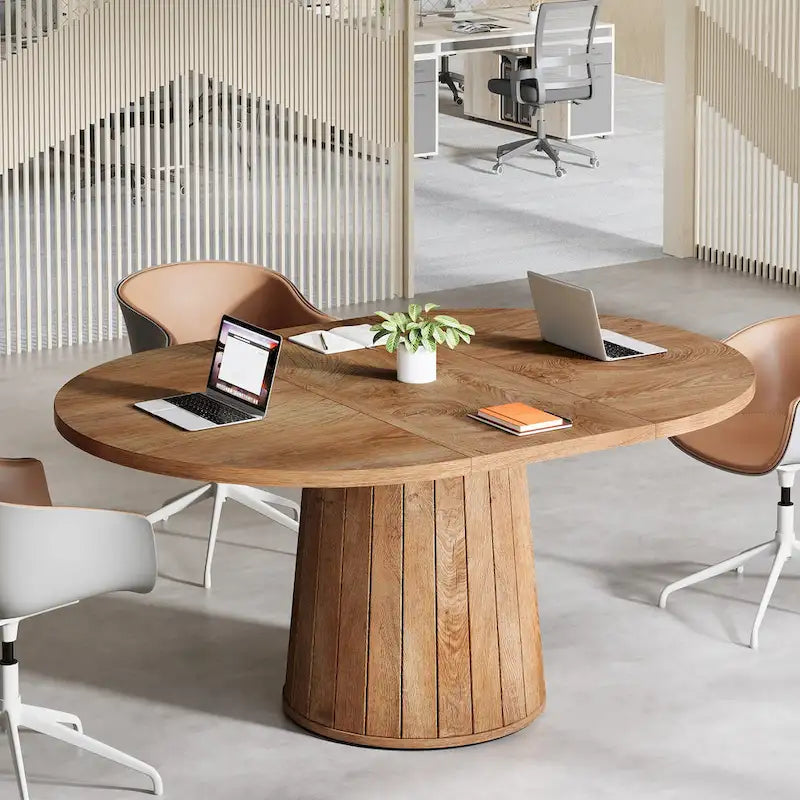 55.11 Inch Brown Wood Oval Conference Table with Wood Base for 6 People - N/A