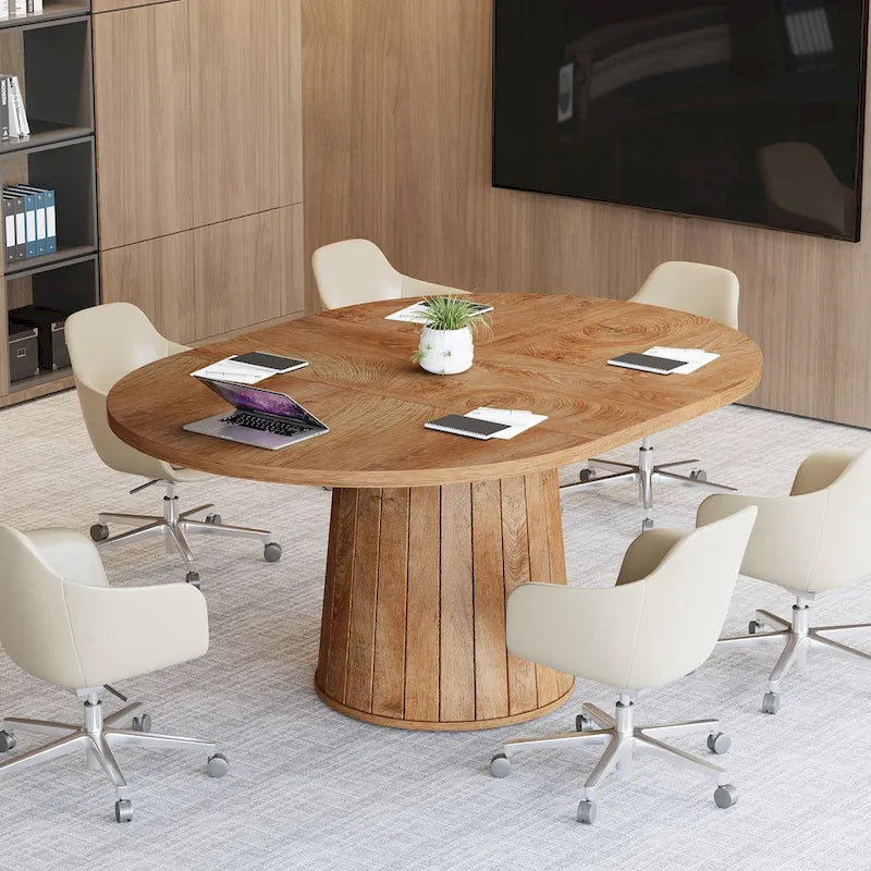 55.11 Inch Brown Wood Oval Conference Table with Wood Base for 6 People - N/A