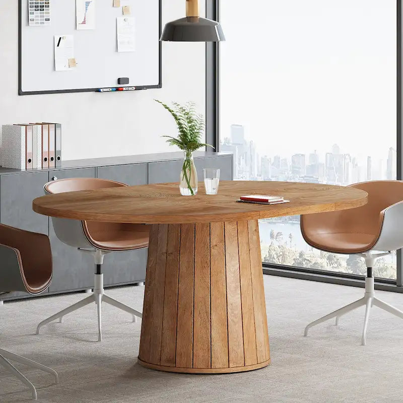 55.11 Inch Brown Wood Oval Conference Table with Wood Base for 6 People - N/A