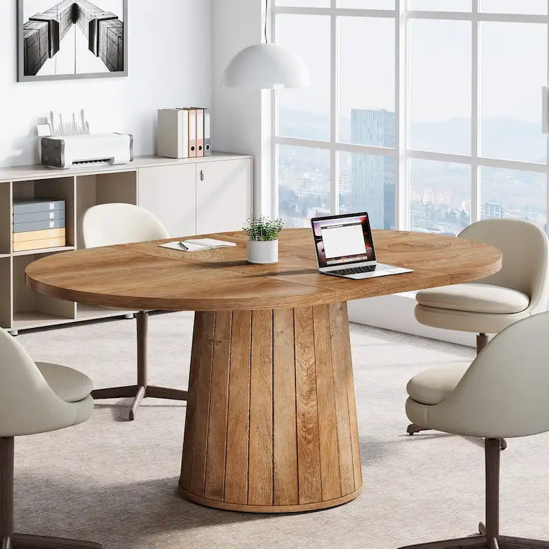 55.11 Inch Brown Wood Oval Conference Table with Wood Base for 6 People - N/A