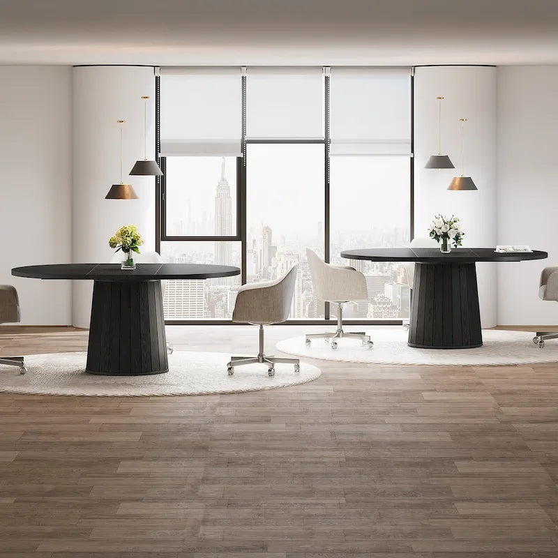 55.11 Inch Brown Wood Oval Conference Table with Wood Base for 6 People - N/A