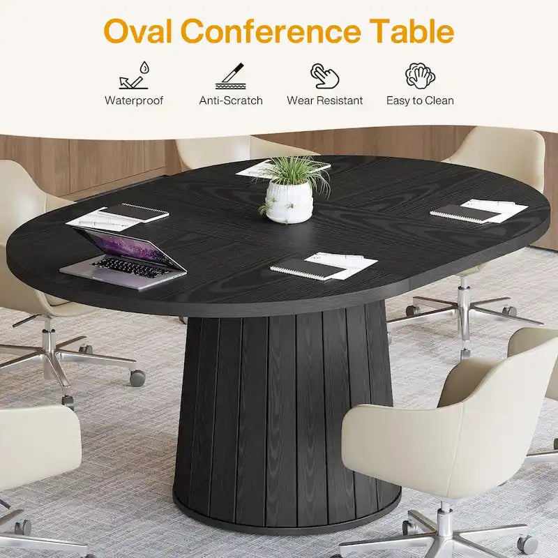 55.11 Inch Brown Wood Oval Conference Table with Wood Base for 6 People - N/A