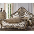 Faux Leather Bed with Button Tufted in Vintage Oak Finish