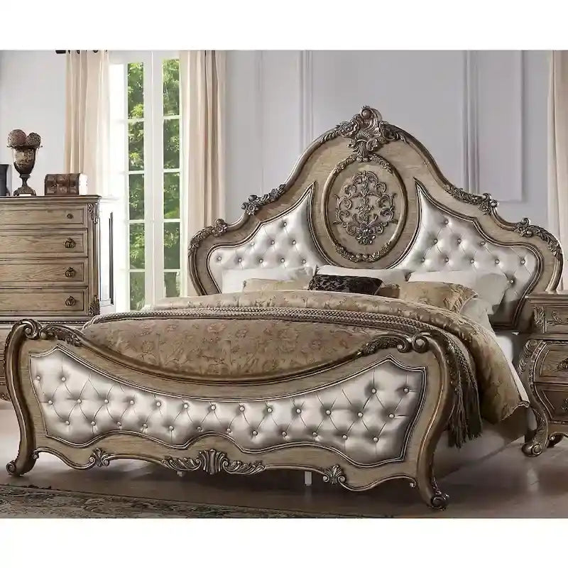 Faux Leather Bed with Button Tufted in Vintage Oak Finish