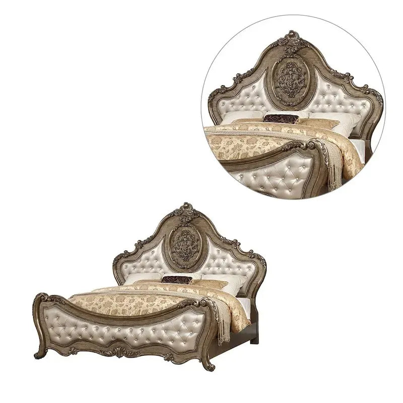 Faux Leather Bed with Button Tufted in Vintage Oak Finish