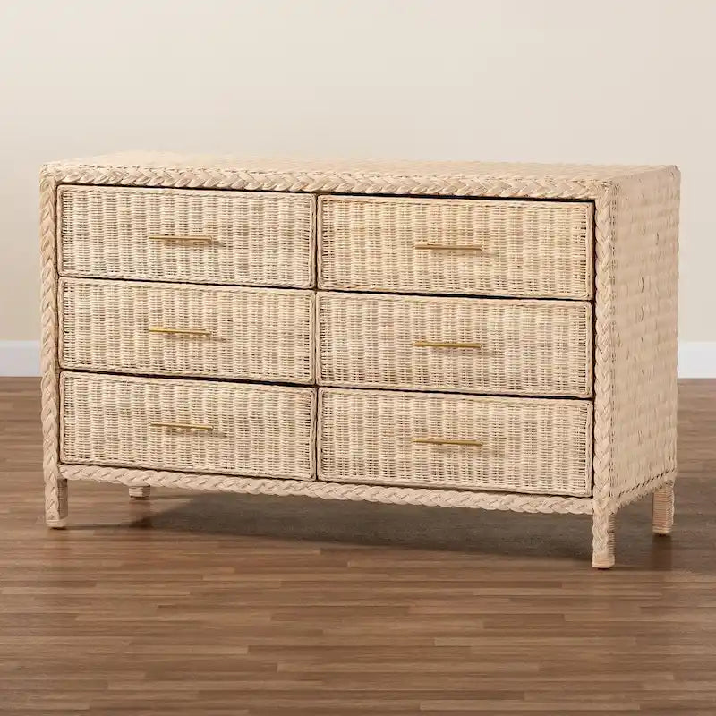 Lanica Japandi Sun-Bleached Braided Rattan 6-Drawer Dresser