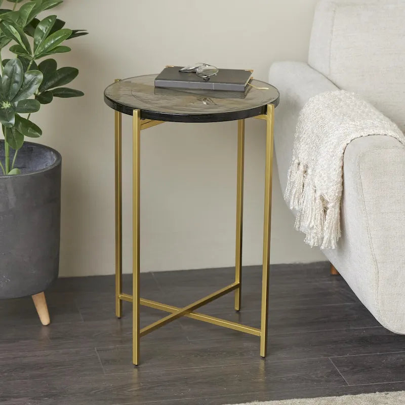 Metal X-Shaped Side End Accent Table with Textured Glass Tabletop - Gold or Black- Roche River Decor