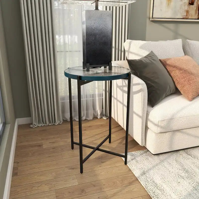Metal X-Shaped Side End Accent Table with Textured Glass Tabletop - Gold or Black- Roche River Decor