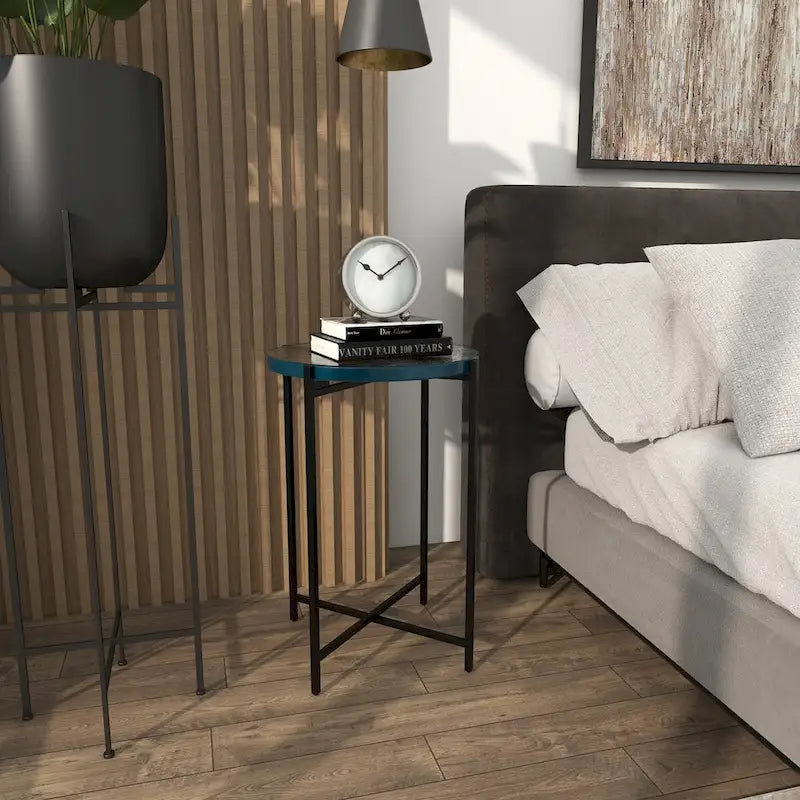 Metal X-Shaped Side End Accent Table with Textured Glass Tabletop - Gold or Black- Roche River Decor