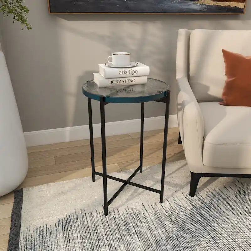 Metal X-Shaped Side End Accent Table with Textured Glass Tabletop - Gold or Black- Roche River Decor