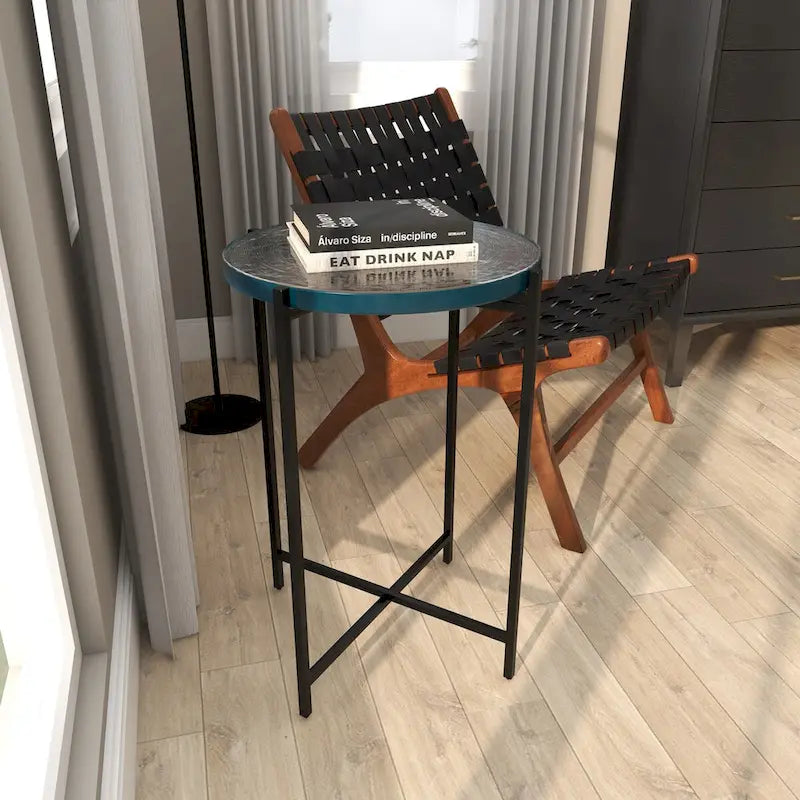 Metal X-Shaped Side End Accent Table with Textured Glass Tabletop - Gold or Black- Roche River Decor