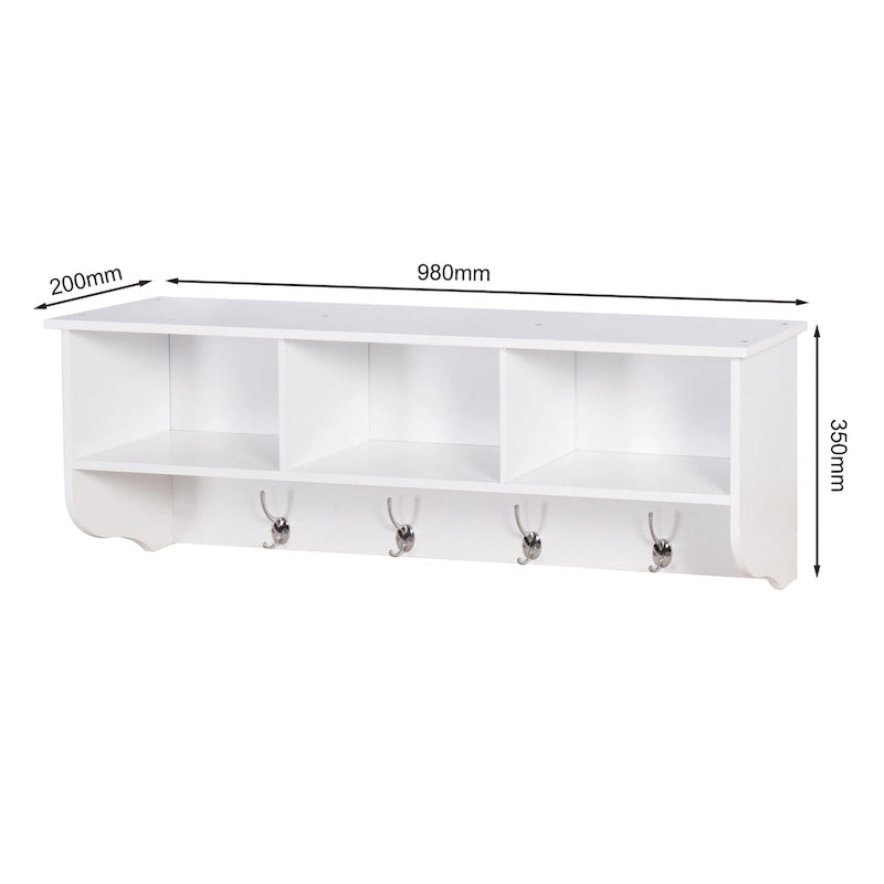 White Entryway Wall Mounted Coat Rack with 4 Dual Hooks Living Room Wooden Storage Shelf